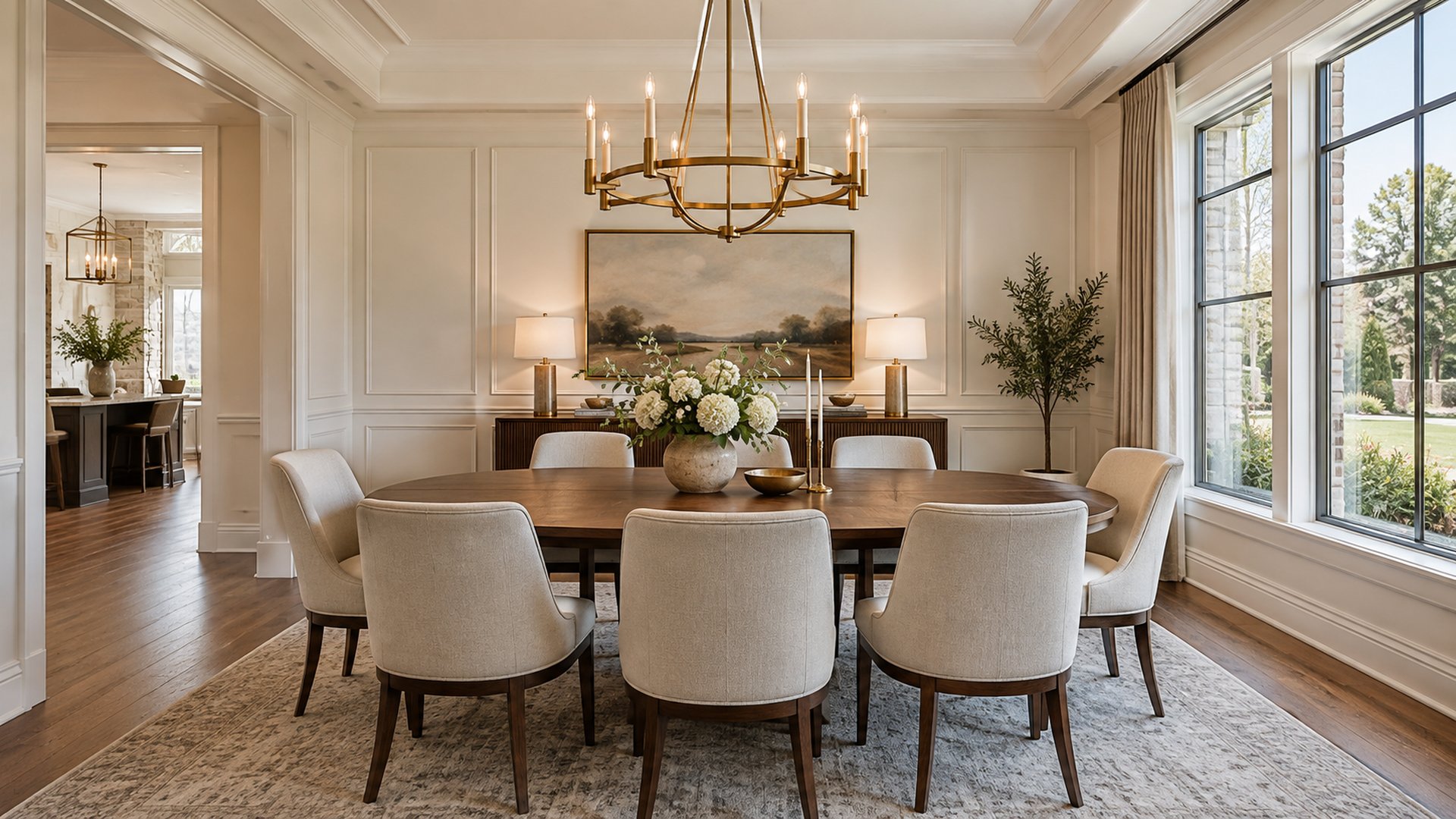 Staged dining room with an oval wood table, upholstered chairs, brass chandelier and tall windows, preparing a home for sale in Greater Cincinnati, Kristine Green Realtor