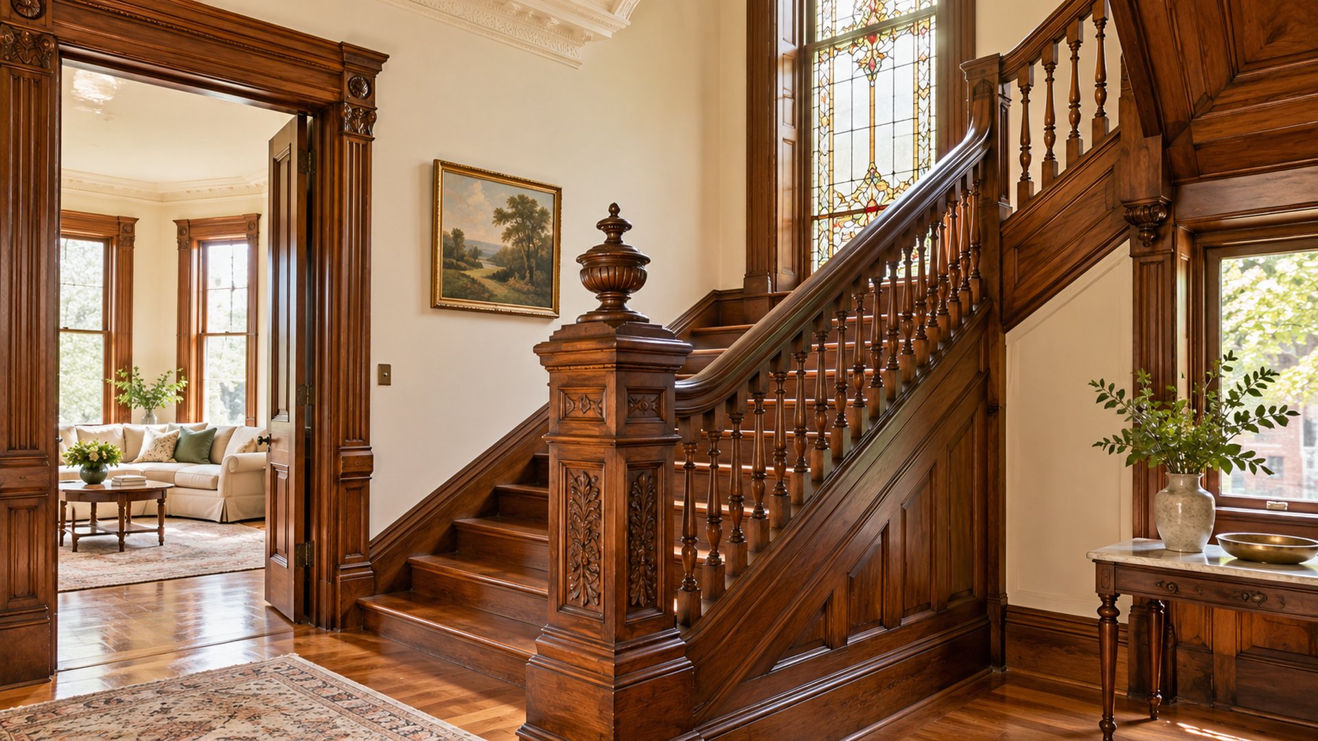 Restored historic home interior with a carved wood staircase, stained-glass window and original millwork, historic homes in Hamilton, Ohio, Kristine Green Realtor