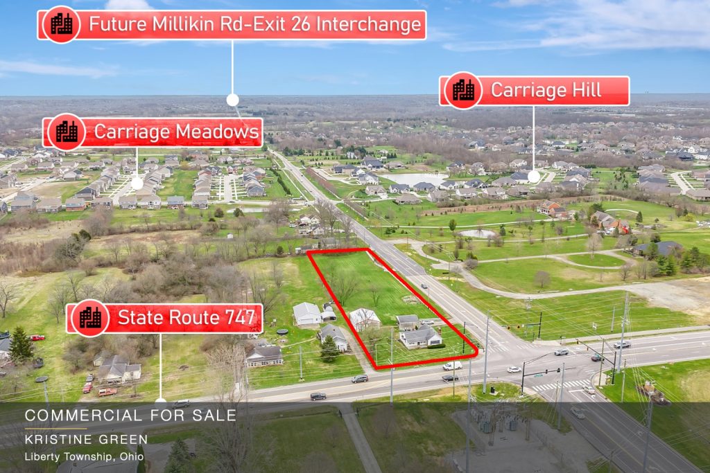 Commercial land for sale at 4996 Millikin Road, Liberty Township, Ohio — 2-acre B-1 corner site at SR 747 and Millikin Road, listed by Kristine Green, Coldwell Banker Realty