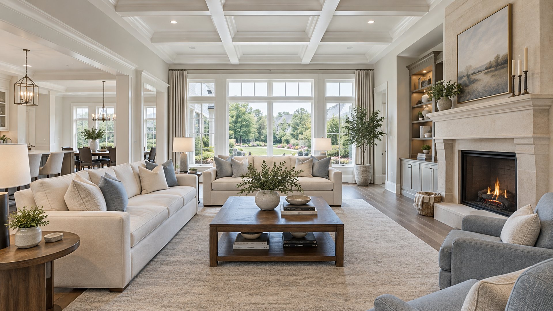 Luxury great room with a coffered ceiling, stone fireplace, built-in shelving and tall windows, luxury homes in Mason, Ohio, Kristine Green Realtor