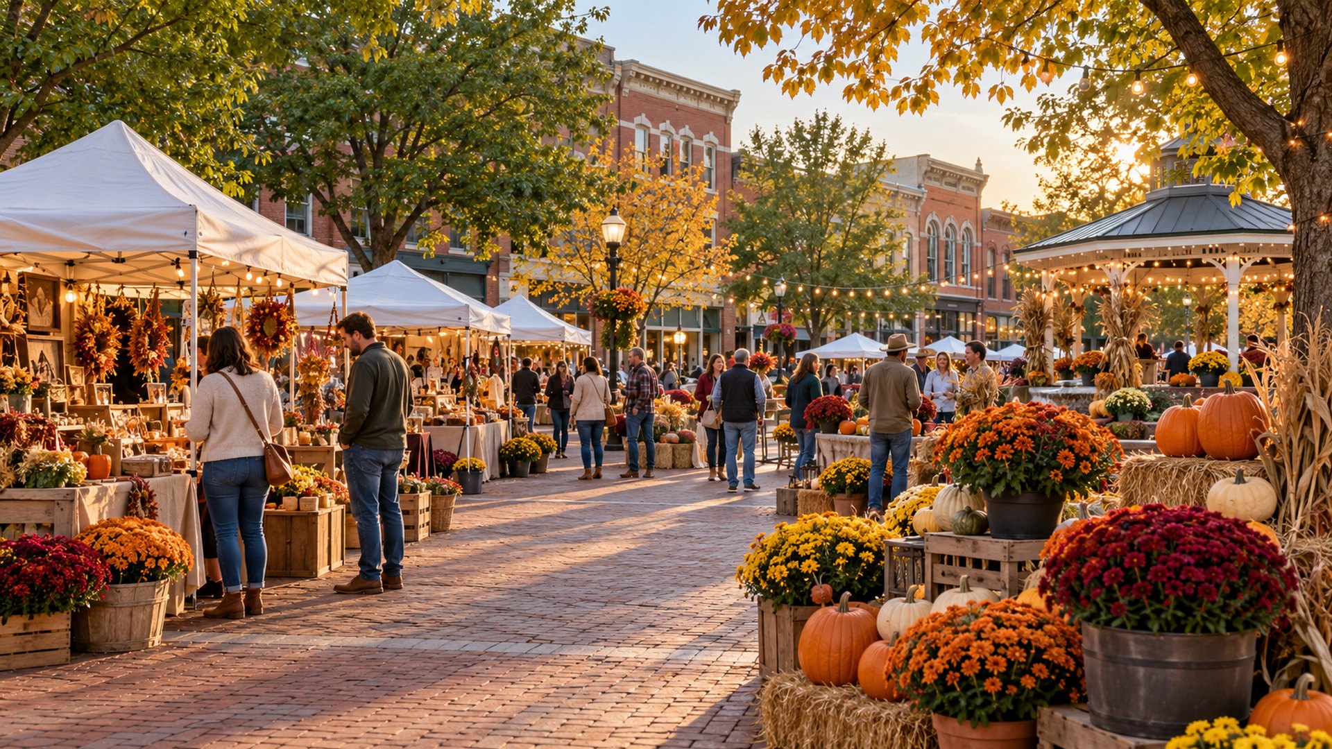 An October fall festival in a Greater Cincinnati town square with vendor tents, pumpkins and mums, October 2026 local events and things to do, Kristine Green Realtor