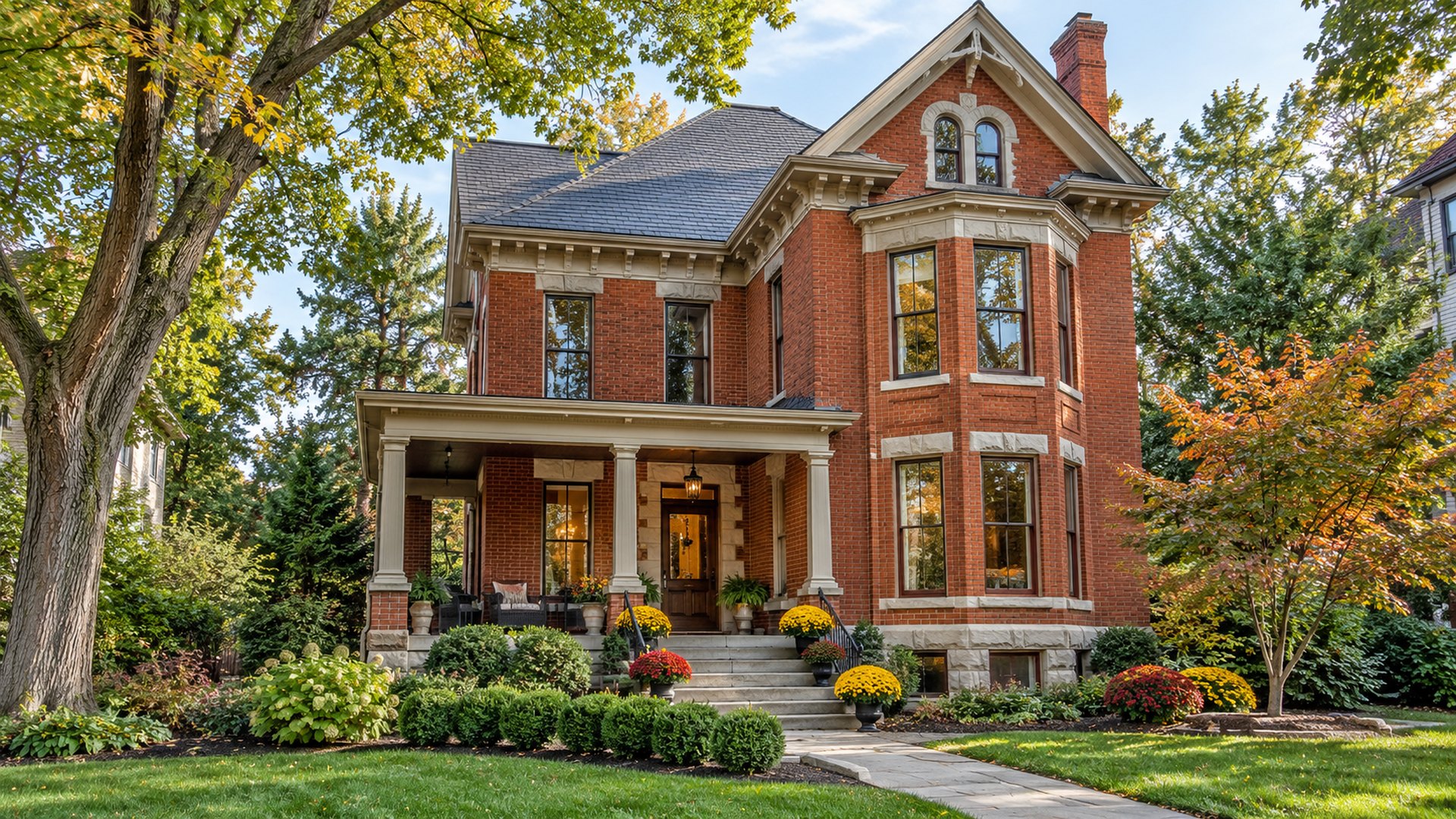 A restored red-brick Victorian home with a covered front porch, bay windows and fall mums in early autumn, historic home buying guide, Kristine Green Realtor